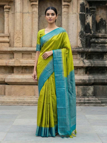 Kanjivaram Silk Elegant Light Green Saree with Teal Blue Border
